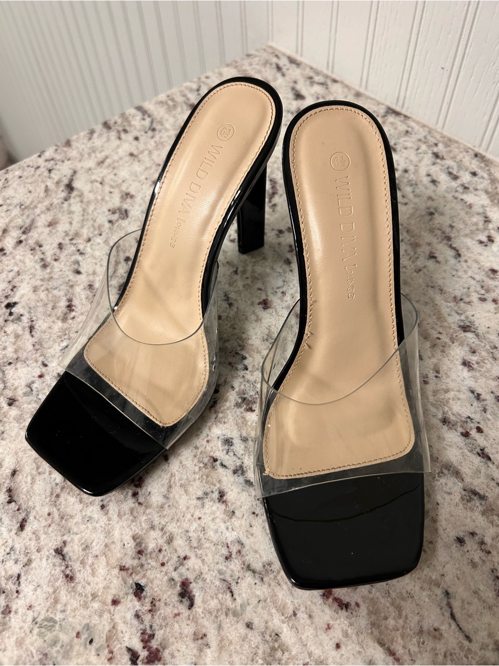 Wild Diva Black Heeled Mules with Clear Strap
